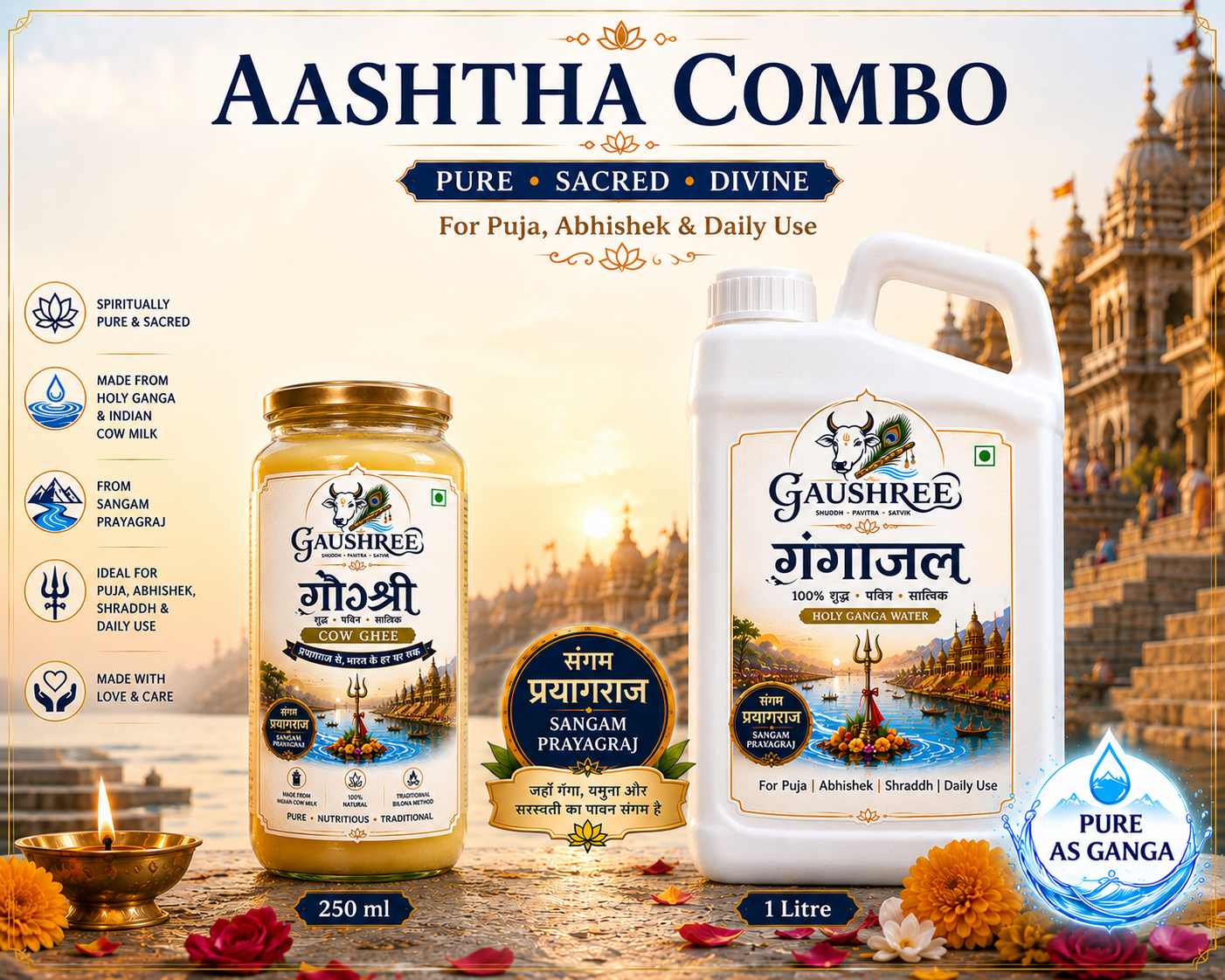 Gaushree Aastha Combo — A2 Bilona Ghee 250ml + Authentic Gangajal 1 Litre